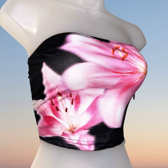 NWT Small Black Floral Print Strapless Tube Top Stretchy Sleeveless Crop Y2k 90s - Picture 2 of 3